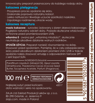 Brązowy tył opakowania sprayu do opalania Ziaja Masło Kakaowe 100ml, z polskim opisem składu i użytkowania.