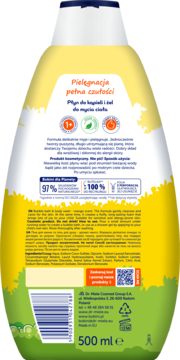 Tył żółto-zielonej butelki żelu i płynu do kąpieli dla dzieci o zapachu mango, z opisem składników.