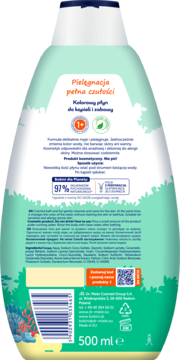 Tył jasnozielonej butelki płynu do kąpieli dla dzieci 500 ml, tworzy zieloną wodę, zawiera składniki.