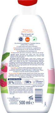 Tył białej butelki żelu i płynu do kąpieli dla dzieci o zapachu malin, z polskim opisem korzyści i składu.