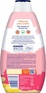 Tył różowej butelki Ziajka płynu do kąpieli dla dzieci 500 ml, malinowy zapach, hypoalergiczny, widoczny skład.