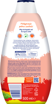 Różowy płyn do kąpieli i żel dla dzieci, tył butelki 500ml z truskawkowym zapachem, hypoalergiczny skład.