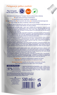 Tył białej saszetki płynu do kąpieli i żelu dla dzieci 2w1, 500ml, truskawka, hipoalergiczny, z opisem.