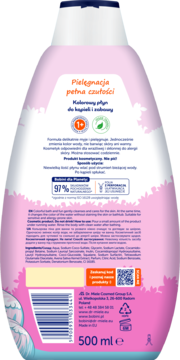 Tył różowego płynu do kąpieli dla dzieci 500ml, z tekstem "Pielęgnacja pełna czułości" i kodem kreskowym.