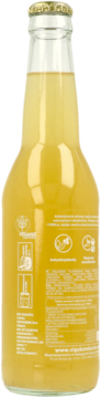 Tył szklanej butelki Vigor Kombucha ze złotym napojem, widoczne białe napisy o wegańskim składzie.