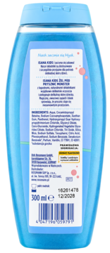 Tył niebieskiego żelu pod prysznic Isana Kids Monster, 300 ml, z białą etykietą zawierającą skład i datę 12/2028.