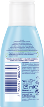 Tył jasnoniebieskiej butelki NIVEA płynu do demakijażu oczu 125ml z kwasem hialuronowym, skład i barcode.
