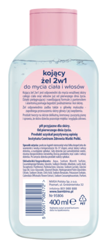 Tył butelki kojącego żelu 2w1 Nivea Bambino 400ml, widoczna etykieta z polskimi instrukcjami i składem.