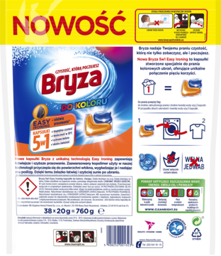 Tył foliowego opakowania Bryza 5w1 Easy Ironing do Koloru, z tekstami i instrukcjami prania, 760g.