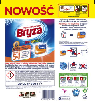 Tył opakowania kapsułek Bryza 5w1 Easy Ironing do koloru, z instrukcją i informacją o nowej formule.
