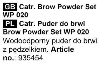 Etykieta produktu Catrice Brow Powder Set WP 020, wodoodporny puder do brwi z dwoma cieniami i pędzelkiem.