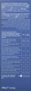 Tył niebieskiego opakowania bezglutenowych ciasteczek Dr. Schär. Widoczna etykieta z wartościami odżywczymi.