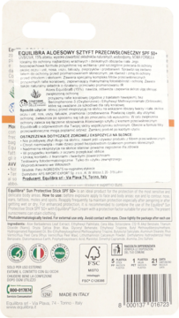 Tył białego opakowania sztyftu przeciwsłonecznego Equilibra Aloe SPF 50+ z polskimi i angielskimi napisami.
