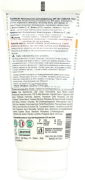 Tył białej tubki kremu przeciwsłonecznego Equilibra Aloe SPF 50+ z polskimi napisami i symbolami recyklingu.