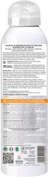 Tył białej butelki Equilibra Aloesowe Mleczko do Opalania SPF 30, spray. Widoczne instrukcje i skład na etykiecie.
