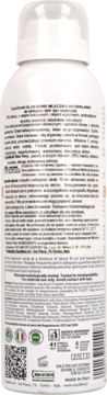 Tył białej butelki sprayu z filtrem Equilibra Aloe SPF 50+, z czytelnymi napisami i symbolami certyfikacji.