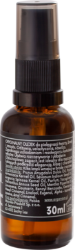 Naturalny olejek do brody w bursztynowej butelce spray 30ml, widok z tyłu z czarną etykietą i listą składników.