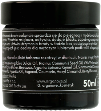 Tył czarnego słoika kosmetycznego balsamu do brody Arganove 50ml z białym opisem i składem.