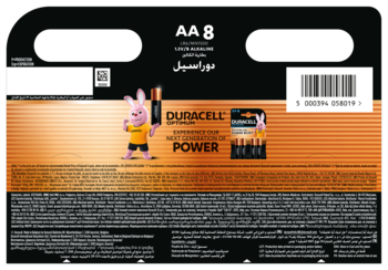 Tył czarno-pomarańczowego opakowania baterii alkalicznych Duracell AA 8 Optimum, z logo, królikiem, kodami.