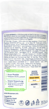 Tył opakowania płatków kosmetycznych Isana Rossmann, bezchlorowo bielonych. Widoczne dane produktu i instrukcje.