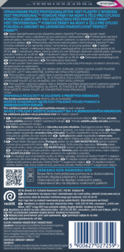 Veet Professional, tył ciemnoniebieskiego opakowania woskowych pasków do depilacji, z instrukcją użycia i kodem QR.
