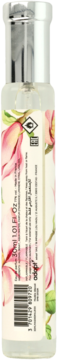 Tył przezroczystej butelki wody perfumowanej Adopt’ Magnolia Majestueux 30ml, z kwiatową etykietą i srebrnym korkiem.