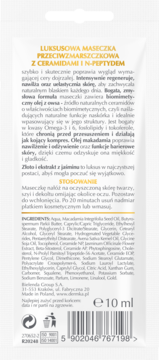 Tył białej maseczki Dermika Luxury Ceramides 10 ml z ceramidami i N-peptydami. Widoczny skład.