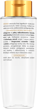 Tył butelki Dermika Luxury Ceramides, ceramidowa woda micelarna, z polskim opisem składu, złota zakrętka.