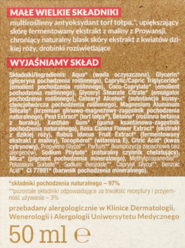 Tył opakowania kremu upiększającego z rozświetlaczem, pełna lista naturalnych składników 50 ml.