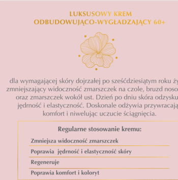 Różowy plakat kremu 60+, Luksusowy Krem Odbudowująco-Wygładzający, ze złotym kwiatem i listą korzyści.