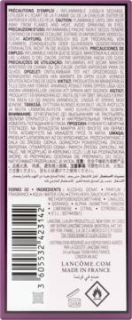 Tył fioletowego opakowania perfum Lancôme Trésor Midnight Rose, widoczne ostrzeżenia, składniki i kod kreskowy.