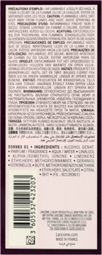 Tył opakowania perfum Lancôme Trésor Midnight Rose, z listą składników i wielojęzycznymi ostrzeżeniami.