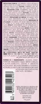 Tył opakowania Lancôme Trésor Midnight Rose: ostrzeżenia, składniki i kod kreskowy na różowo-fioletowym tle.