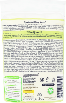 Tył zielonego opakowania płatków kosmetycznych Bio Maxi (35 sztuk), z widocznymi informacjami o bawełnie organicznej.