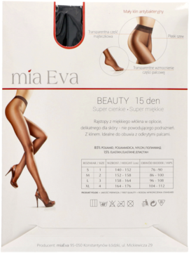 Tył opakowania rajstop Mia Eva Beauty 15 den, beżowe, z modelem, tabelą rozmiarów i diagramami cech.