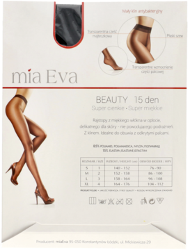 Opakowanie rajstop Mia Eva Beauty 15 den, z grafiką modelki, tabelą rozmiarów i kluczowymi cechami produktu.