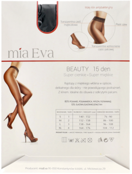 Tył opakowania rajstop Mia Eva BEAUTY 15 den z tabelą rozmiarów, opisem cech i zdjęciem nóg w rajstopach.