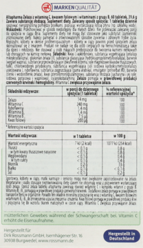 Widok z tyłu białego opakowania suplementu Altapharma Żelazo+witaminy, prezentujący tabelę składników odżywczych.