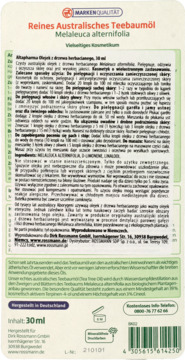 Tył etykiety australijskiego olejku herbacianego 30 ml, z listą składników, instrukcją użycia i kodem EAN.