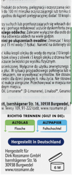 Tył opakowania olejku z drzewa herbacianego Rossmann, instrukcje użycia, skład, kraj produkcji, PAO 6M.