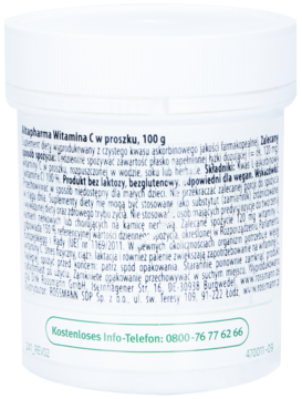Tył białego opakowania Vitapharma Witamina C w proszku 100g, z pełną etykietą i polskim opisem produktu.