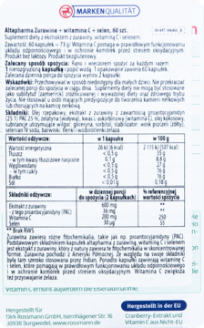 Tył białego opakowania Altapharma Żurawina+Witamina C+Selen, 60 kaps., suplement, z tabelą odżywczą.