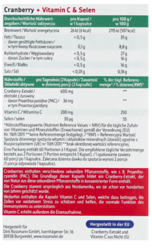 Tył opakowania suplementu Cranberry + Vitamin C + Selen. Widoczna tabela wartości odżywczych, dawkowanie i czerwony opis produktu.