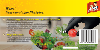 Tył opakowania czarnych, jednorazowych rękawiczek nitrylowych Jan Niezbędny, z ręką przy warzywach.