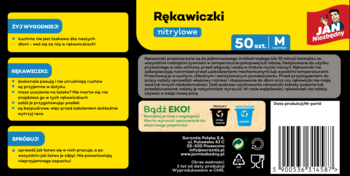 Tył opakowania czarnych rękawiczek nitrylowych Jan Niezbędny M, 50 szt., z opisami i kodem kreskowym.