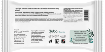 Tył opakowania chusteczek czyszczących Luba Naturals do kuchni, białe, z zielonymi liśćmi i kodem.