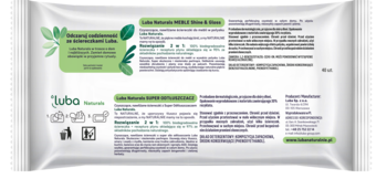 Tył białego opakowania Luba Naturals, ściereczki kuchenne, zielone liście, tekst o 97% składników naturalnych.