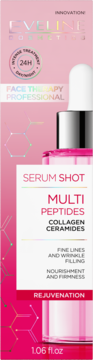 Różowe opakowanie Eveline Cosmetics Serum Shot Multi Peptides z kroplomierzem, widok z przodu, 1.06 fl.oz.