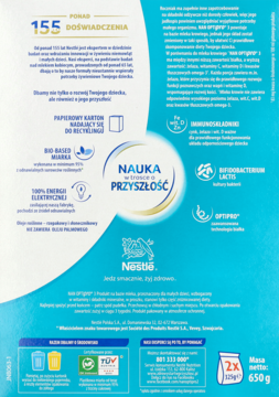 Tył niebieskiego opakowania mleka NAN OPTIPRO 3 z opisem składu, korzyści i symbolami recyklingu.