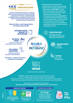 Błękitne opakowanie NAN OPTIPRO 3, tył, z opisem składu, logo Nestlé, info o recyklingu i wadze 650g.